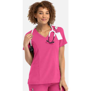 A women's mock wrap top in vibrant pink with a V-neck design, featuring a stethoscope and a logo.