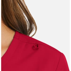 A red mock wrap top with a knot detail at the shoulder, featuring a smooth neckline and fabric texture.
