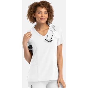 A white mock wrap top worn by a woman, featuring a V-neck and a stethoscope around her neck.