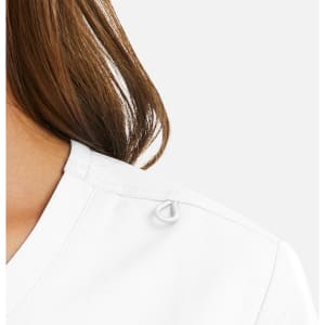 A white women's mock wrap top featuring a loop detail on the shoulder.