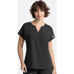 A black women's dolman top featuring a V-neck, short sleeves, and a pocket, accompanied by a logo.