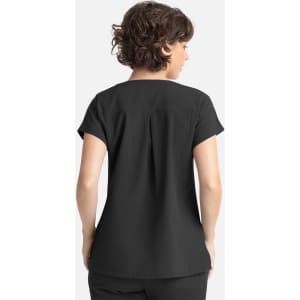 A black women's top featuring a dolman sleeve design and three pockets on the front. It has a simple branding logo.