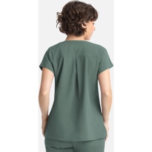 A women's top in a muted green colour with short sleeves and a simple back design, featuring a logo.