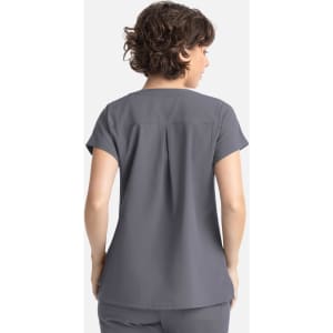 A grey women's dolman top featuring short sleeves and a pleated back design. The product has a logo.