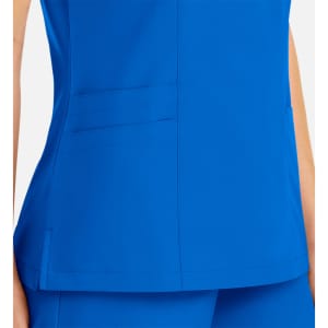 A vibrant blue women's mock wrap top featuring contrast trim and side pockets. The fabric appears smooth and professional.