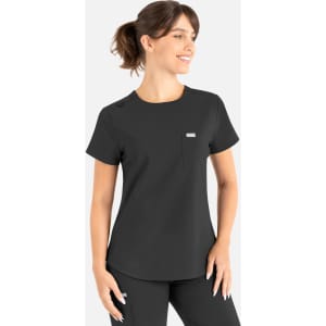 A scrub top in black with a round neck, short sleeves, and a single chest pocket, featuring a logo.
