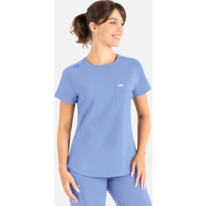 A light blue round neck top with a pocket, designed as part of scrubs uniforms, featuring a logo on it.