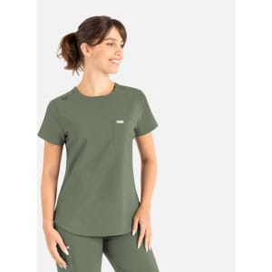 A green round neck top from the Momentum collection, featuring a front pocket and logo branding.