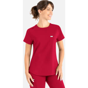 A red round neck top featuring short sleeves, a pocket, and a logo on the chest, designed as part of uniform scrubs.