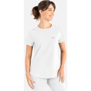 A white round neck top with short sleeves, featuring a pocket and a logo. Ideal for uniforms or scrubs.