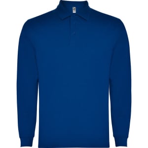 A long-sleeved polo shirt in a vibrant blue colour, featuring a collar and three buttons. It has a logo on the side.