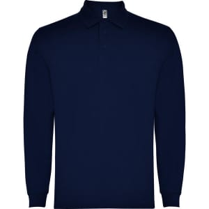 A navy long-sleeve polo shirt featuring a collar and a single branding logo.