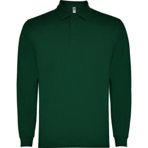 A long-sleeved polo shirt in dark green with a collar and buttons. It features a logo on the upper side.