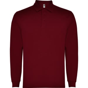 A maroon long-sleeved polo shirt with a collar and three buttons, featuring a logo on the chest.