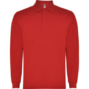 A red long-sleeve polo shirt with a collar and three buttons, featuring a branding logo.