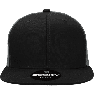 A black high-profile structured trucker cap with a grey panel and a logo on the front.