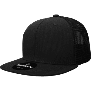 A black high-profile structured trucker cap featuring a mesh back and logo on the front.