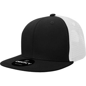 A black and white structured trucker cap featuring a mesh back and a branded tag on the front.