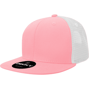 A pink youth trucker cap with a high-profile structured design and a white mesh back. It features a brand logo.