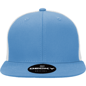 A blue and white high-profile structured trucker hat with a branded tag on the front.