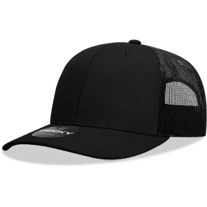 A black mid-profile structured trucker cap featuring mesh panels and a logo on the front.