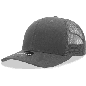 A grey trucker cap featuring a solid front and mesh back, complete with a logo on the front.