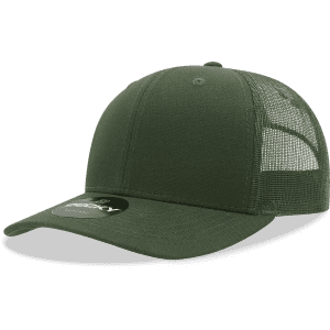 A green structured trucker cap with a mesh back and a branded tag.