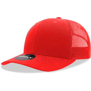 A red mid-profile structured trucker cap with a mesh back and a logo on the front.