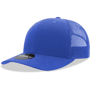 A blue structured trucker cap with mesh panels and a branded patch on the front.