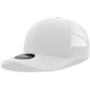 A white youth trucker cap featuring a structured mid-profile and mesh panels, with a logo on the front.