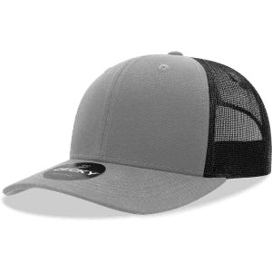 A grey trucker cap with a structured front and black mesh back, featuring a logo on the front.