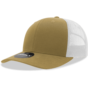A khaki and white structured trucker cap featuring a mesh back and a logo on the front.