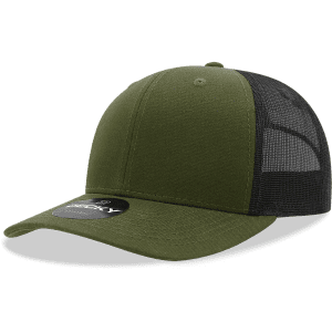 A structured mid-profile trucker cap in olive green with a black mesh back and a logo on the front.