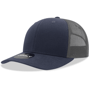 A navy blue mid-profile structured trucker cap with a mesh back and a logo on the front.