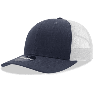 A navy blue and white structured trucker cap with a curved brim and a logo.