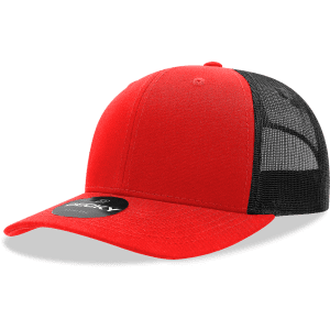 A red and black structured trucker cap with a mesh back and a logo.