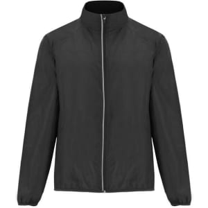A lightweight black windbreaker featuring a full zip, high collar, and long sleeves, with a logo on the chest.
