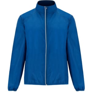 A lightweight windbreaker jacket in blue, featuring a front zipper and a collar, with a small logo on the chest.