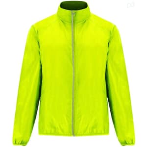 A lightweight windbreaker jacket in bright lime green with a full zip and a collar. Features a logo.