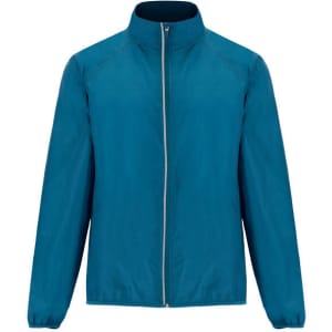 A lightweight windbreaker jacket in teal, featuring long sleeves and a zip front. It has a logo on it.