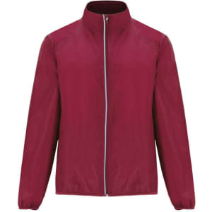 A lightweight windbreaker in a rich burgundy colour, featuring a full zip front and collar. Includes a logo.
