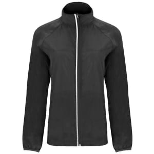 A lightweight windbreaker in black, featuring a full zip front and a stand-up collar, with a logo on the chest.