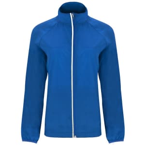 A lightweight windbreaker jacket in blue, featuring a zip front and a collar. It has a logo on the chest.