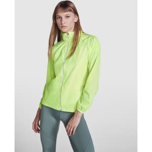 A lightweight windbreaker in bright neon green, featuring a high collar and a zip front, with a logo present.