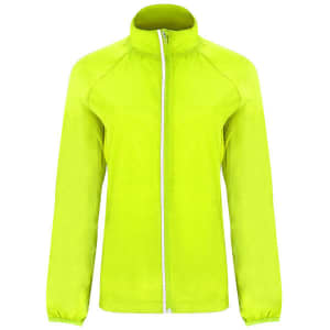 A lightweight windbreaker jacket in bright lime green with a full zip and long sleeves, featuring a logo.
