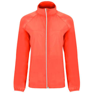 Lightweight women's windbreaker jacket in bright red, featuring a front zipper and a stand-up collar. Includes a brand logo.