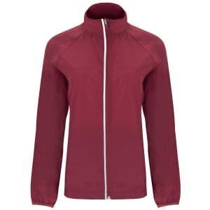 A lightweight windbreaker in burgundy with a front zipper and a high collar. The jacket has a logo.