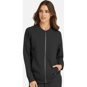 A women's full zip bomber jacket in black, featuring a zip front and pockets, with a subtle logo.