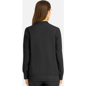 A black bomber jacket with a full zip, featuring long sleeves and a smooth fabric texture.