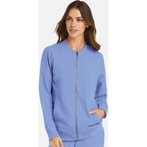 A women's full zip bomber jacket in light blue, featuring long sleeves and a front zipper. It has a logo.